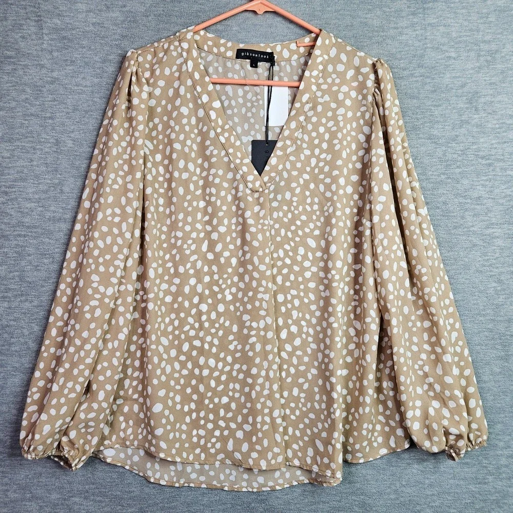 Gibsonlook Womens Blouse Top L Beige White Polka Dot V Neck Long Sleeve NWT